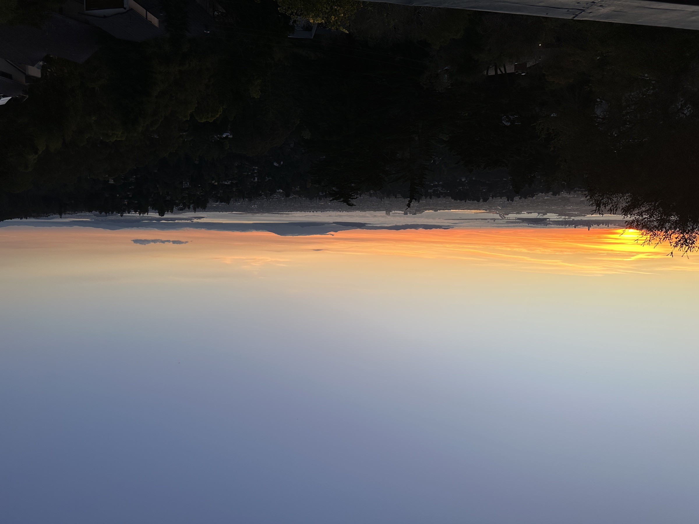 The sun setting beyond the Bay with fog filling the lowlands